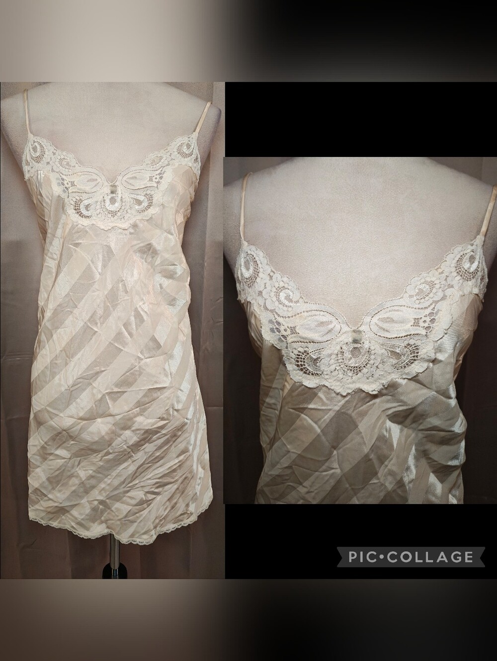 80s Body Chic Satin & Lace Lingerie Slip Dress w Glossy/Matte Shadow Stripes